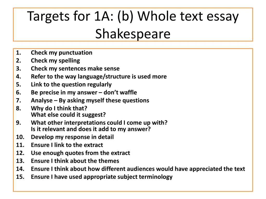 targets for 1a b whole text essay shakespeare