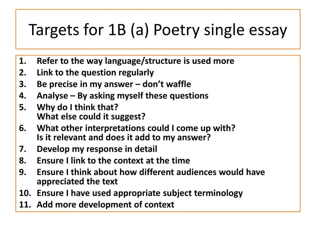 targets for 1b a poetry single essay