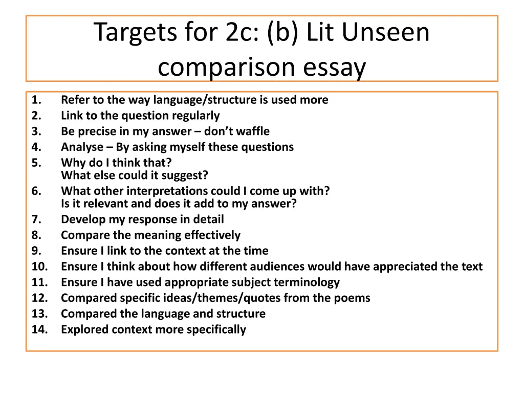 targets for 2c b lit unseen comparison essay