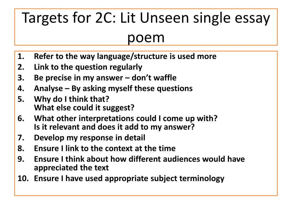 targets for 2c lit unseen single essay poem