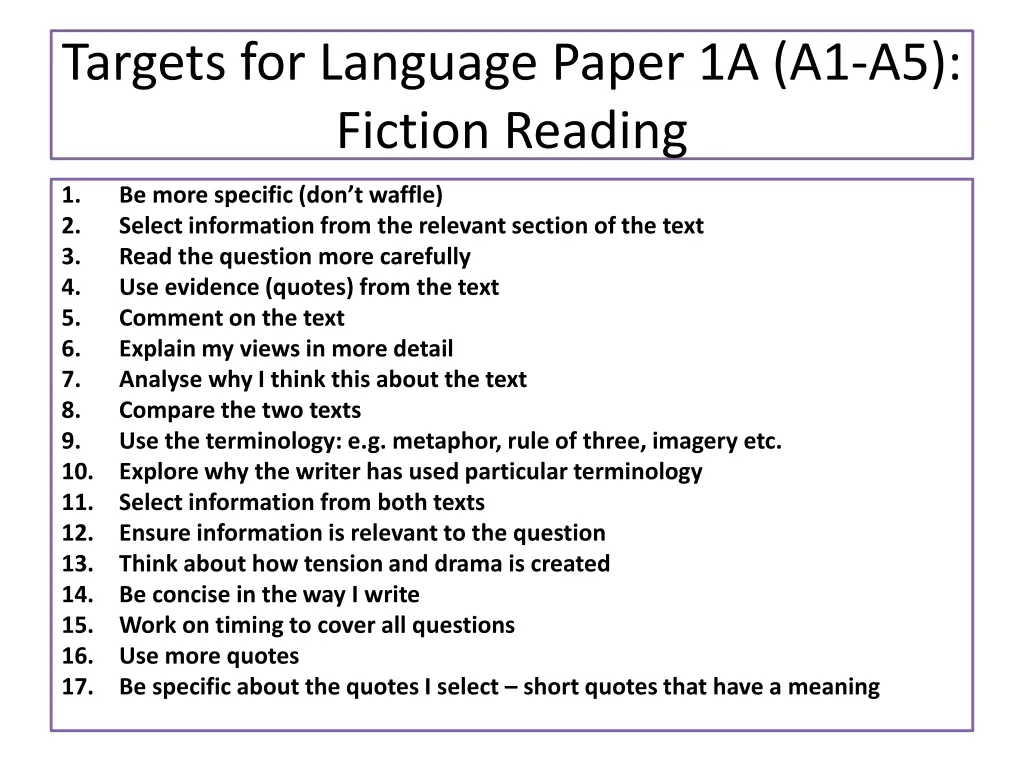 targets for language paper 1a a1 a5 fiction