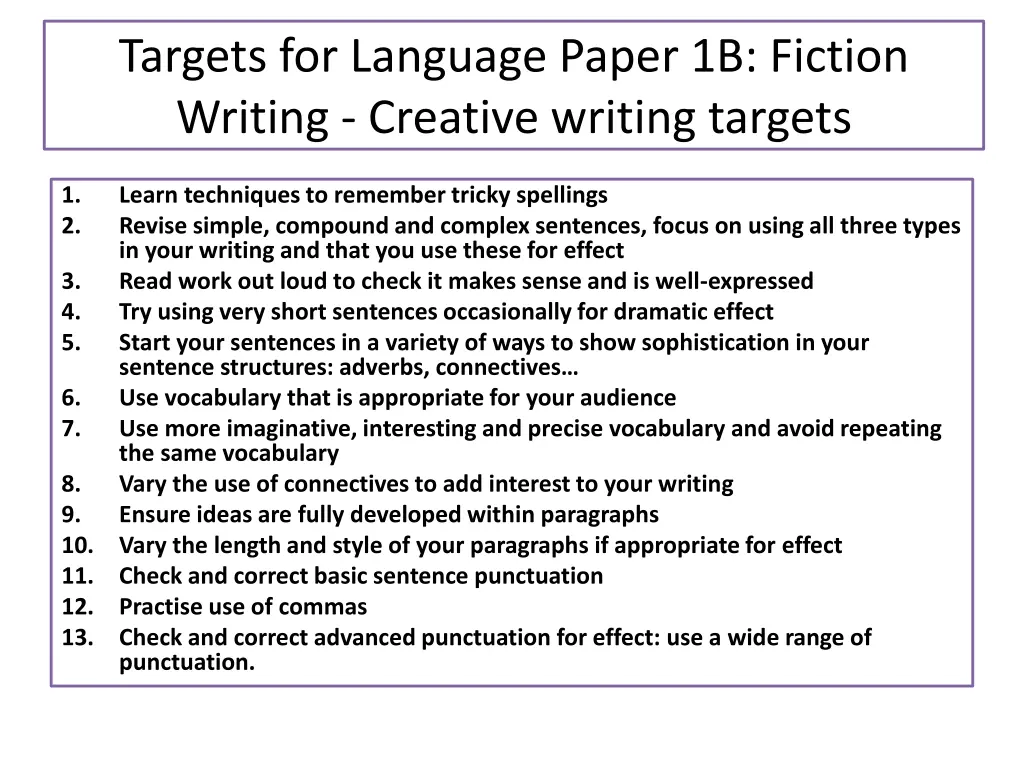 targets for language paper 1b fiction writing