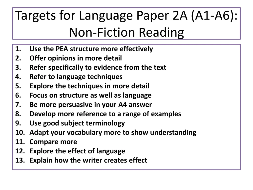 targets for language paper 2a a1 a6 non fiction