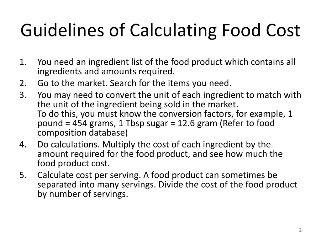 guidelines of calculating food cost