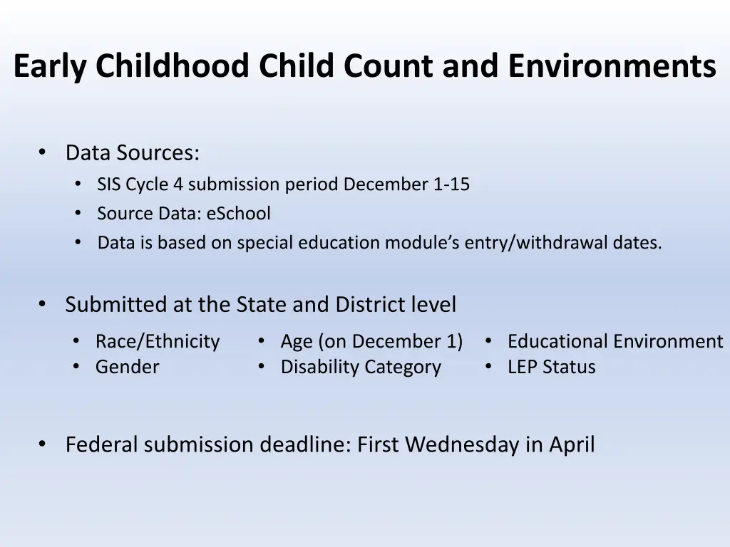 early childhood child count and environments