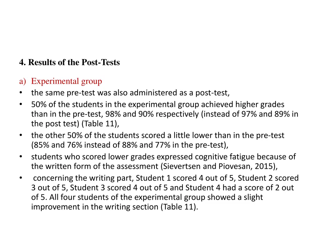 4 results of the post tests