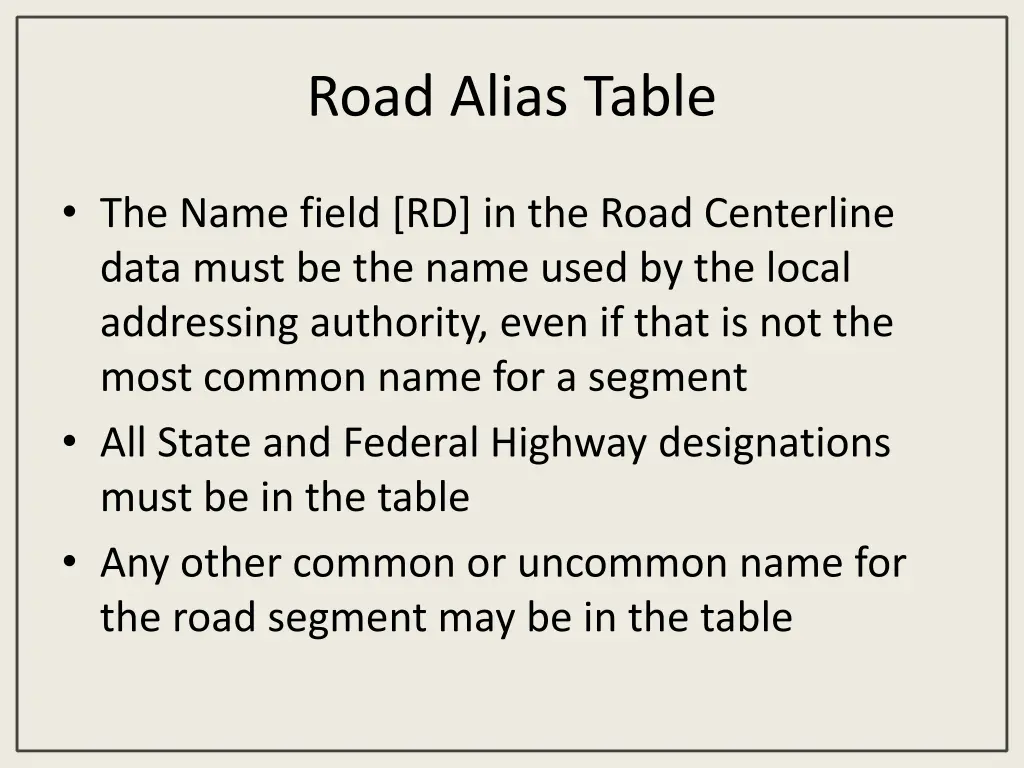 road alias table