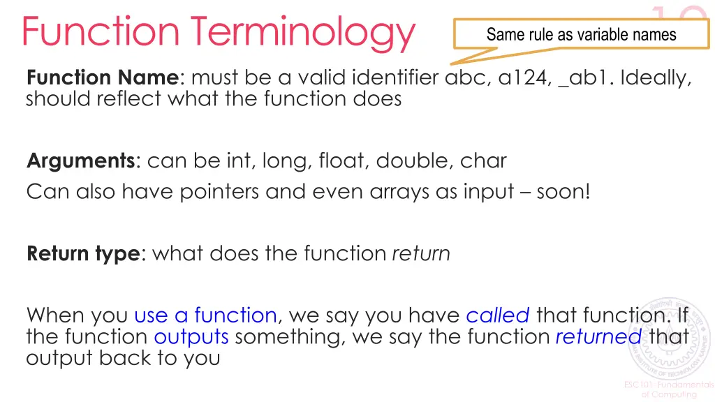 function terminology function name must