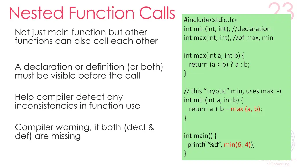 nested function calls not just main function