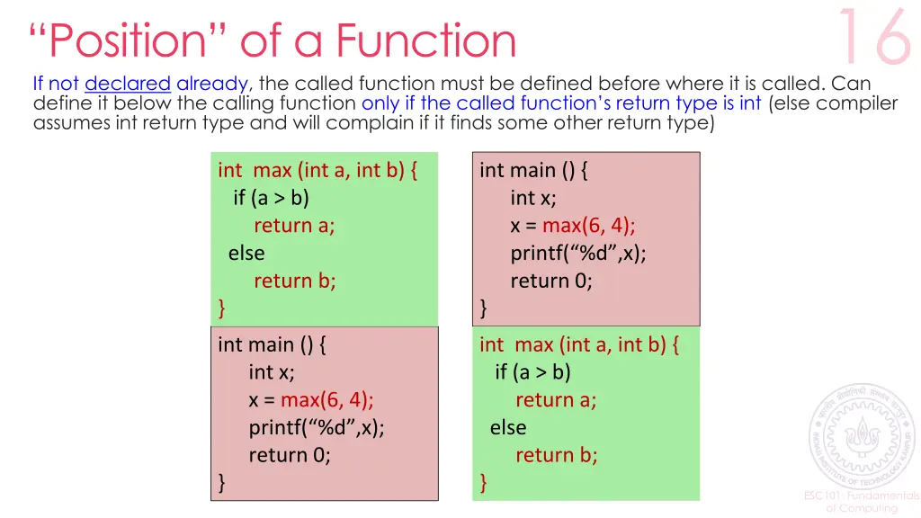 position of a function if not declared already