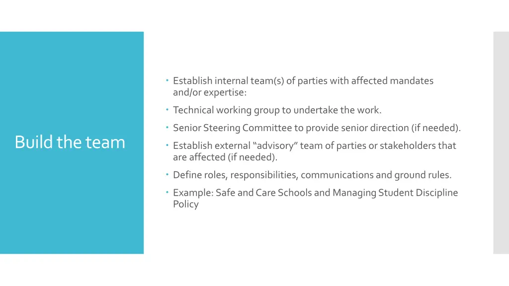 establish internal team s of parties with