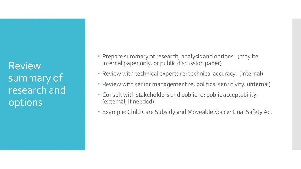 prepare summary of research analysis and options