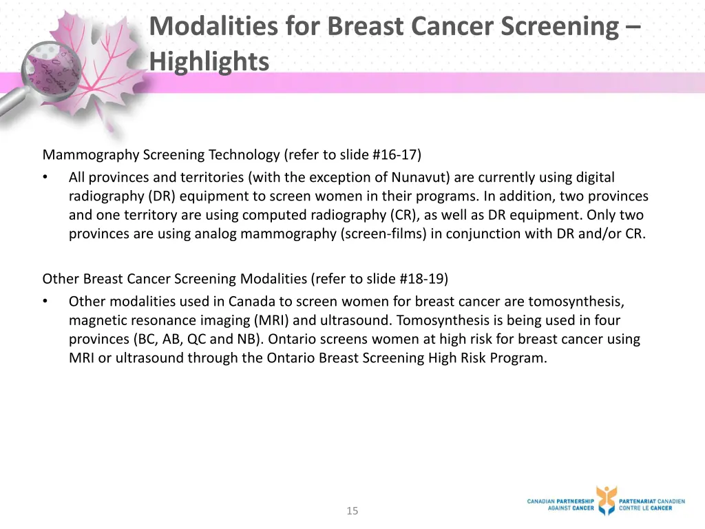 modalities for breast cancer screening highlights