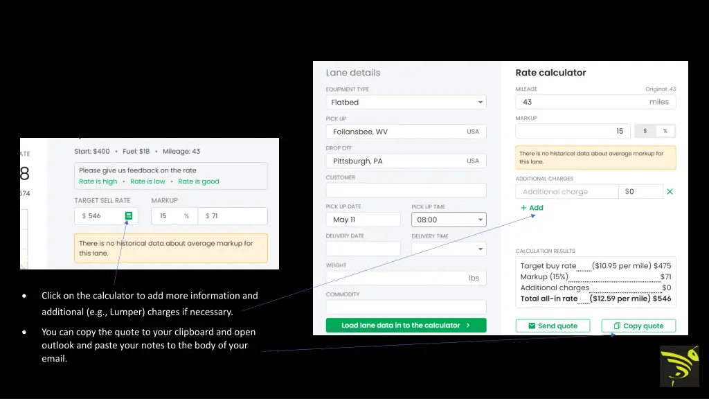 sending rates to the customer