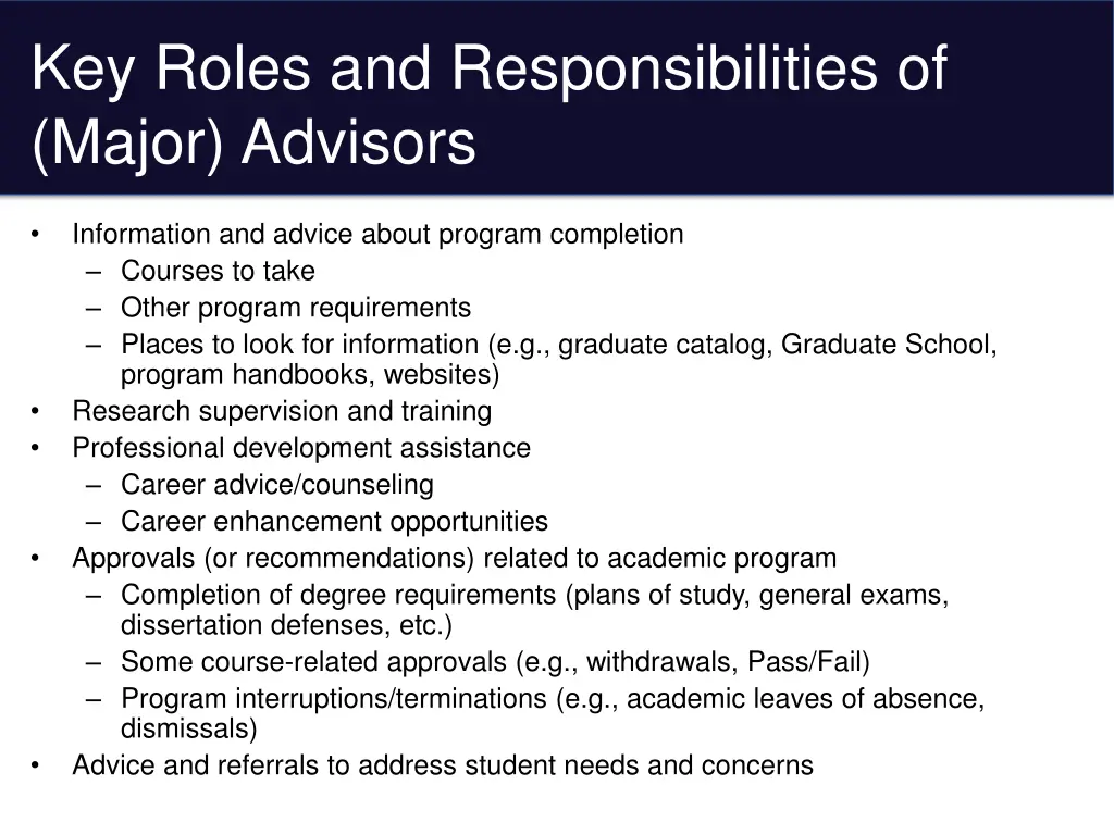 key roles and responsibilities of major advisors