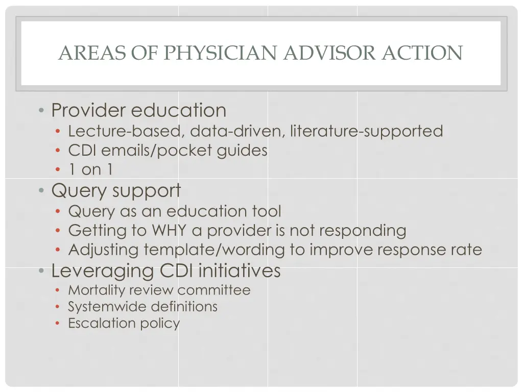 areas of physician advisor action