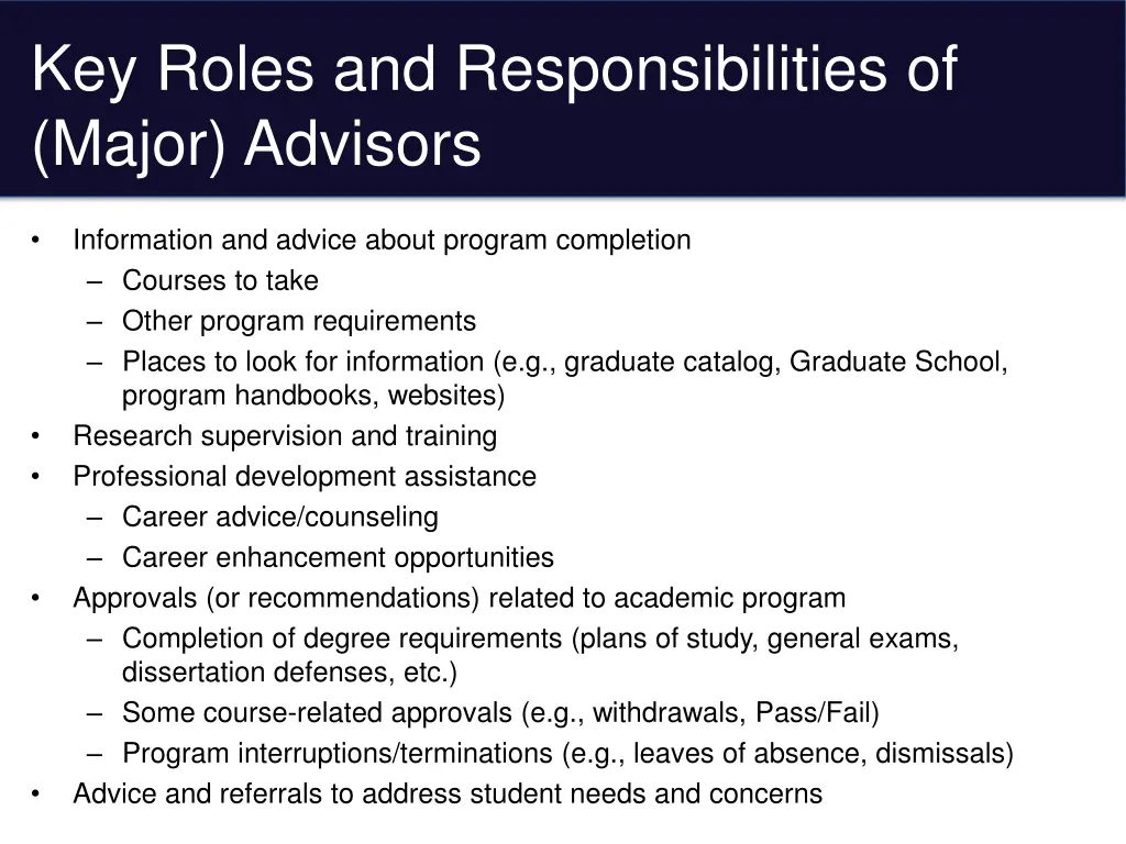 key roles and responsibilities of major advisors