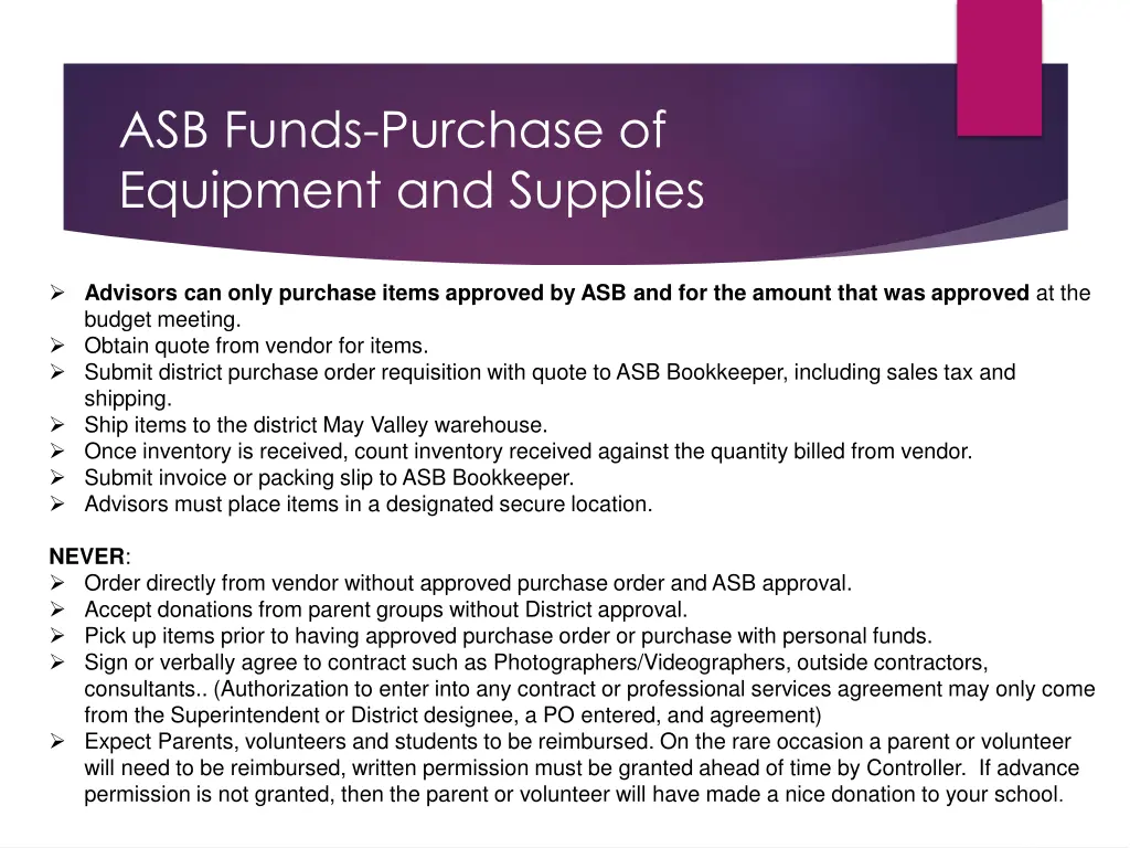 asb funds purchase of equipment and supplies