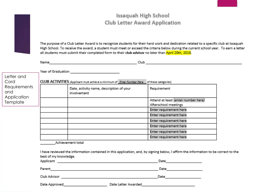 letter and cord requirements and application