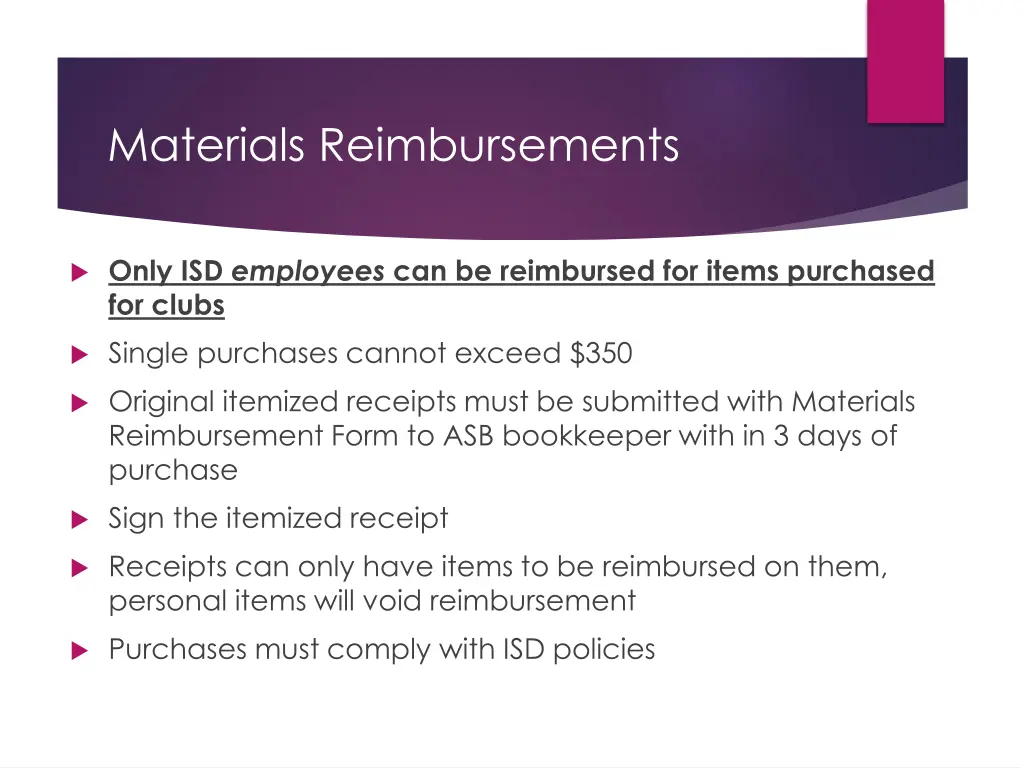 materials reimbursements