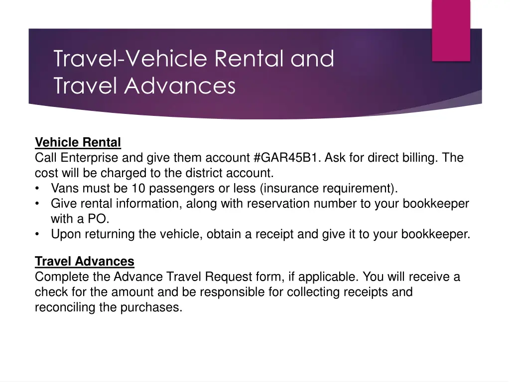 travel vehicle rental and travel advances