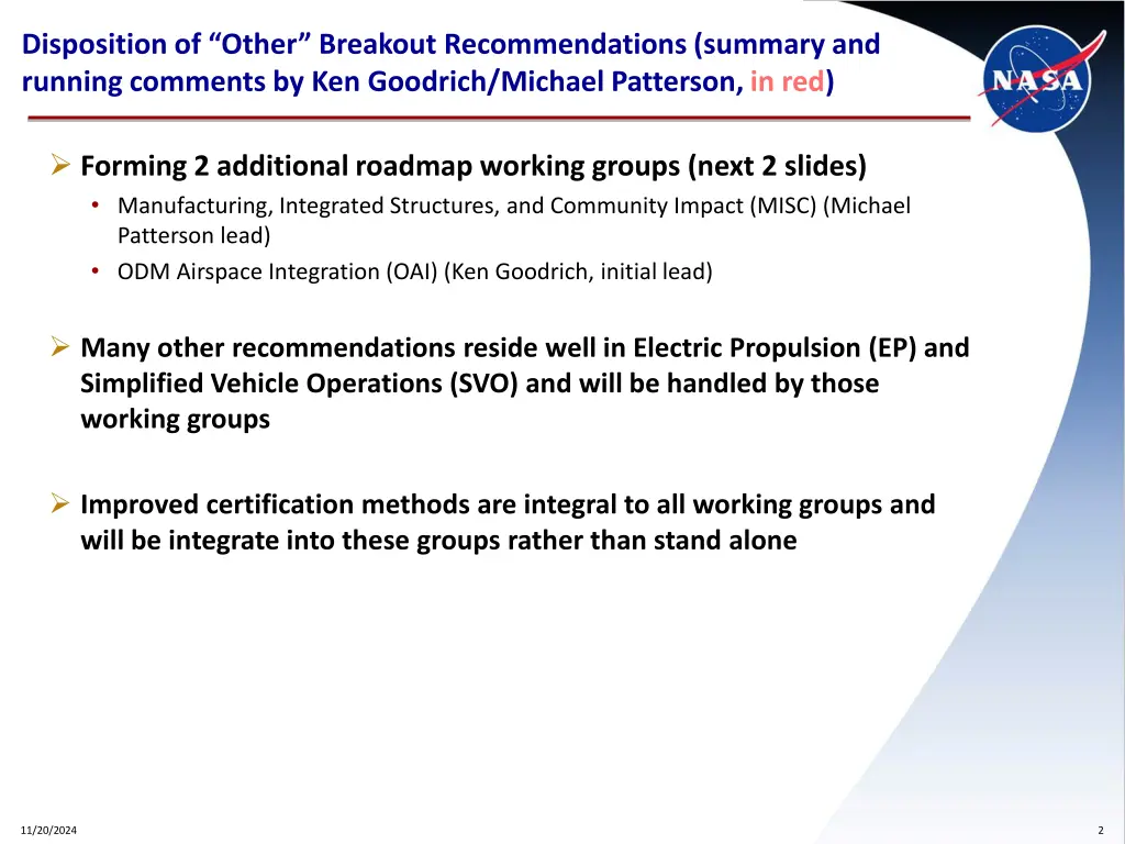 disposition of other breakout recommendations