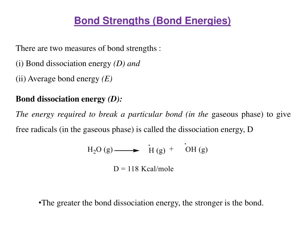 bond strengths bond energies