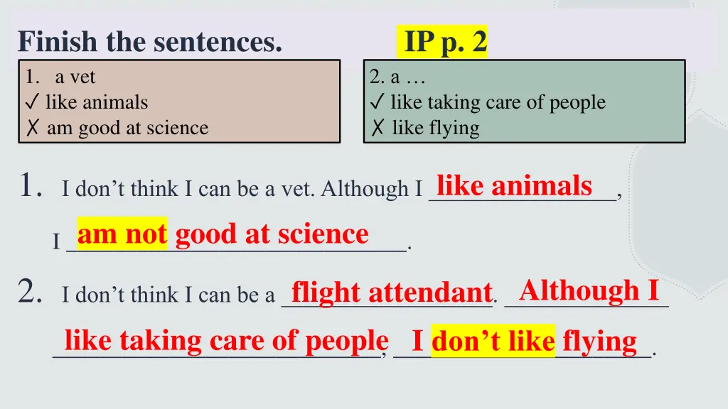 finish the sentences ip p 2 1 a vet like animals