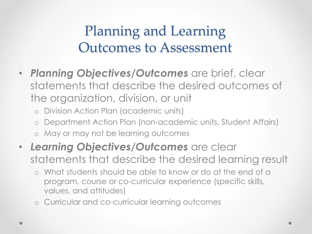 planning and learning outcomes to assessment