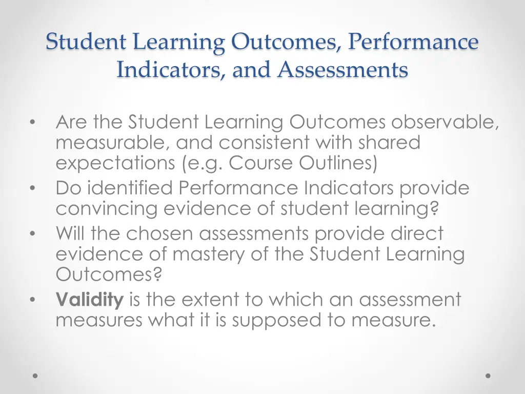 student learning outcomes performance indicators