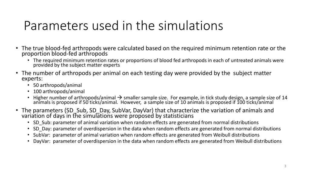 parameters used in the simulations