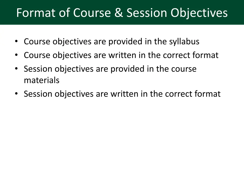 format of course session objectives