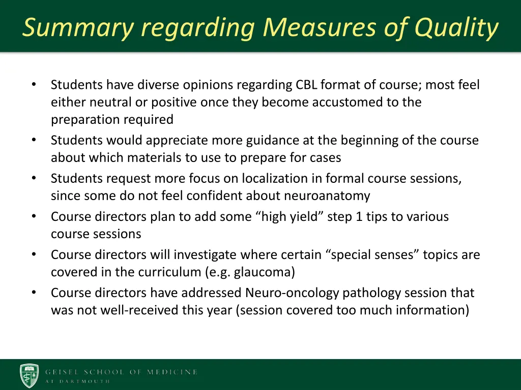 summary regarding measures of quality