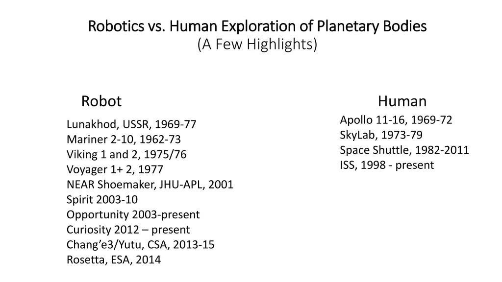 robotics vs human exploration of planetary bodies