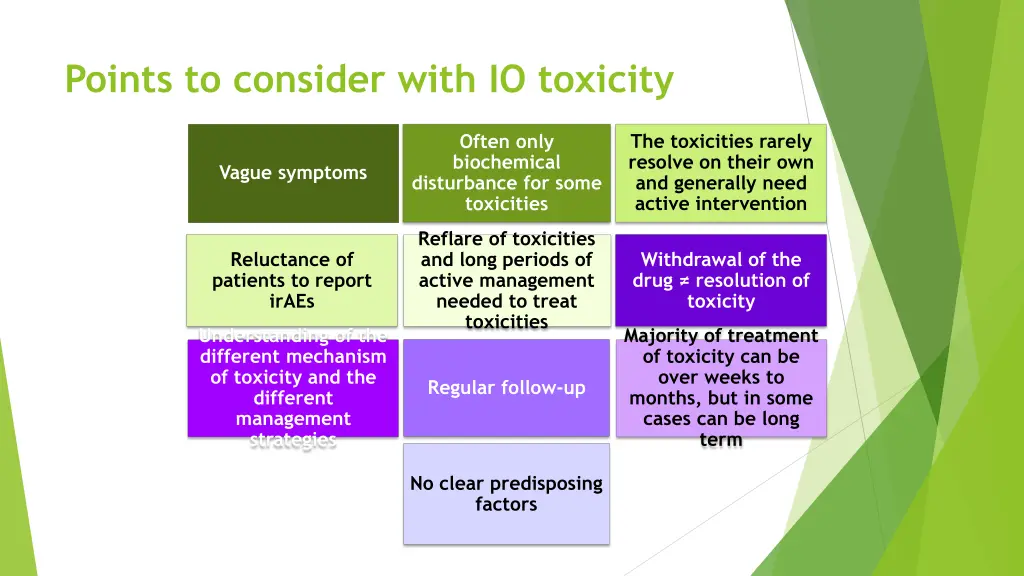 points to consider with io toxicity