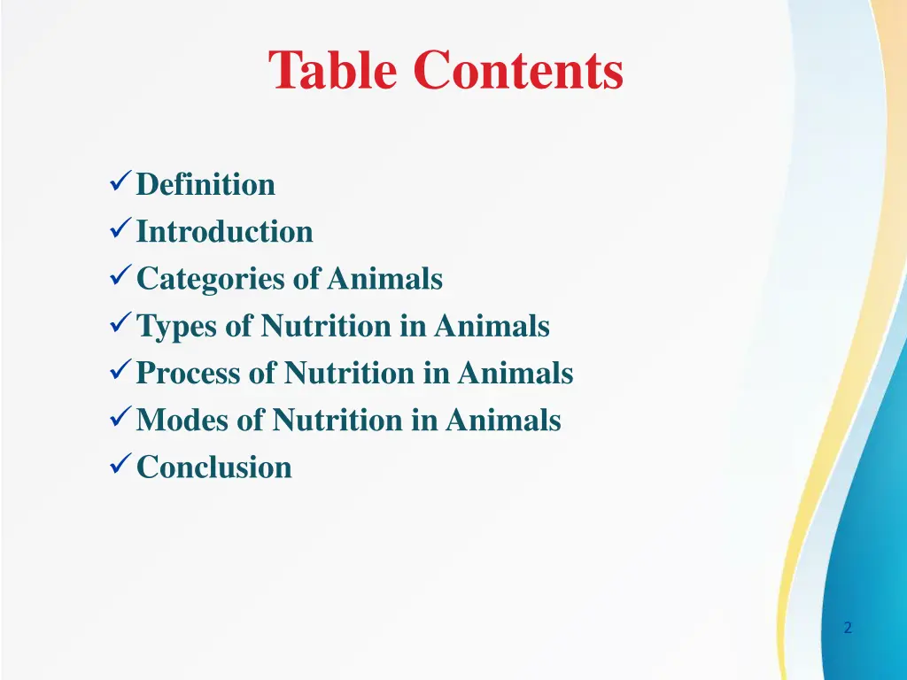 table contents