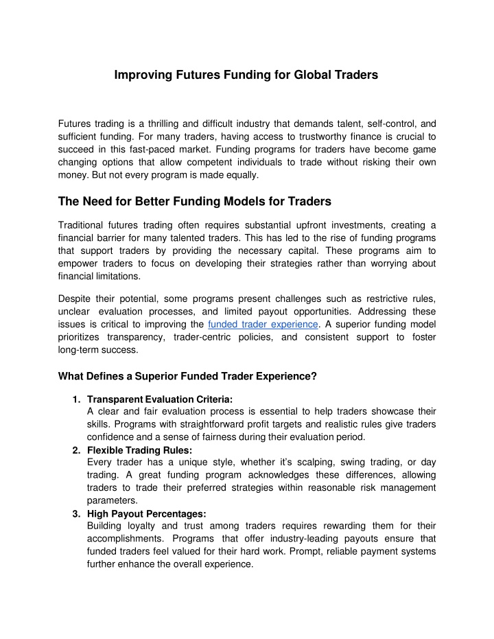 improving futures funding for global traders