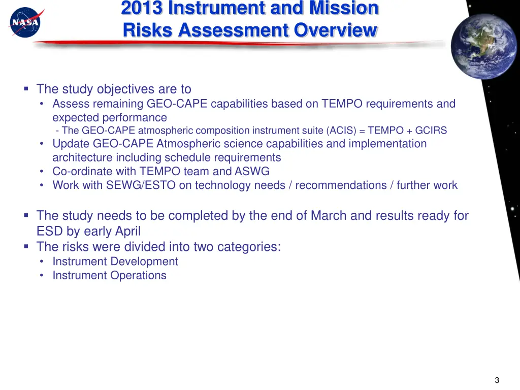 2013 instrument and mission risks assessment