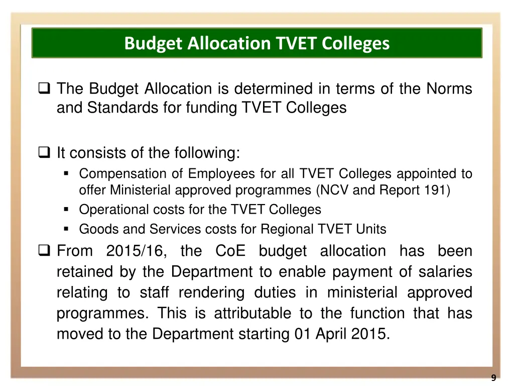 budget allocation tvet colleges