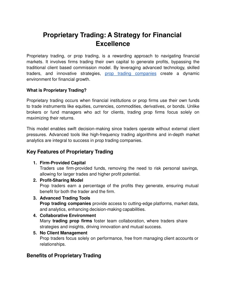 proprietary trading a strategy for financial