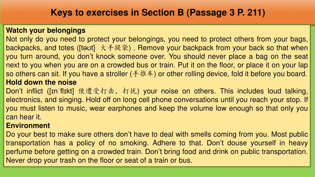 keys to exercises in section b passage 3 p 211 2