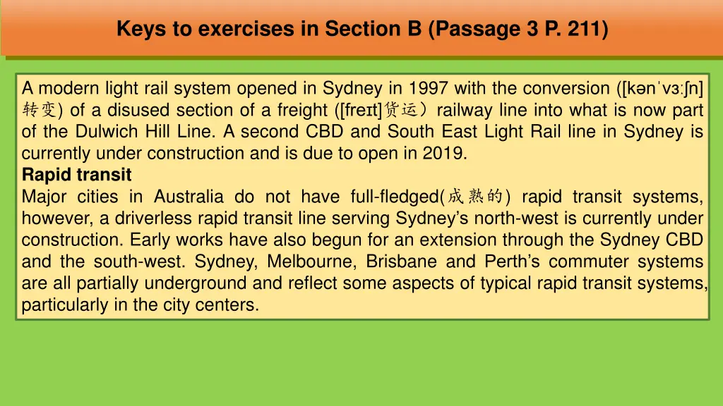 keys to exercises in section b passage 3 p 211 4