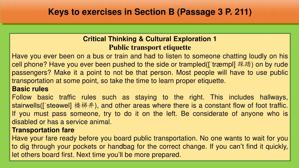 keys to exercises in section b passage 3 p 211