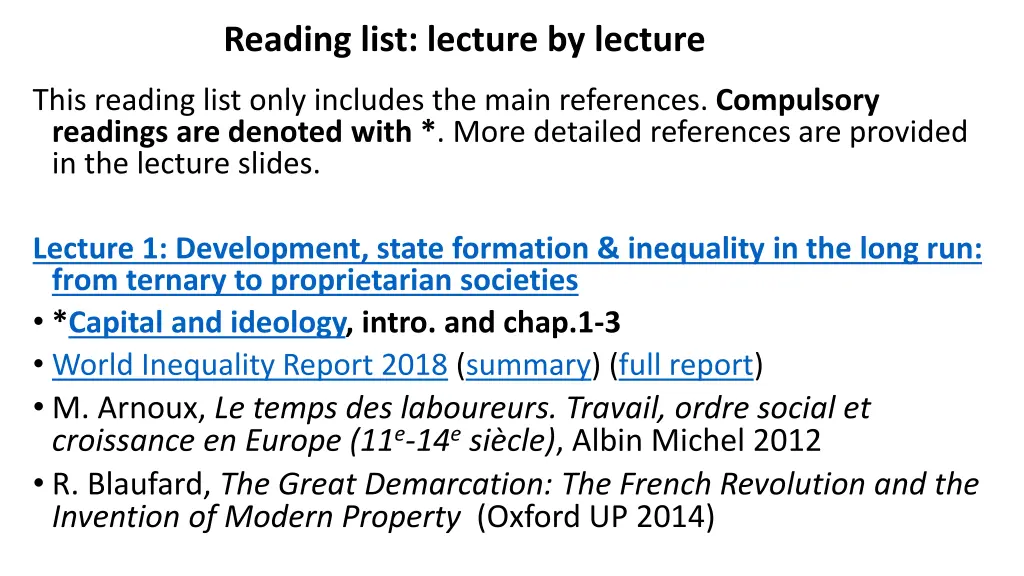 reading list lecture by lecture