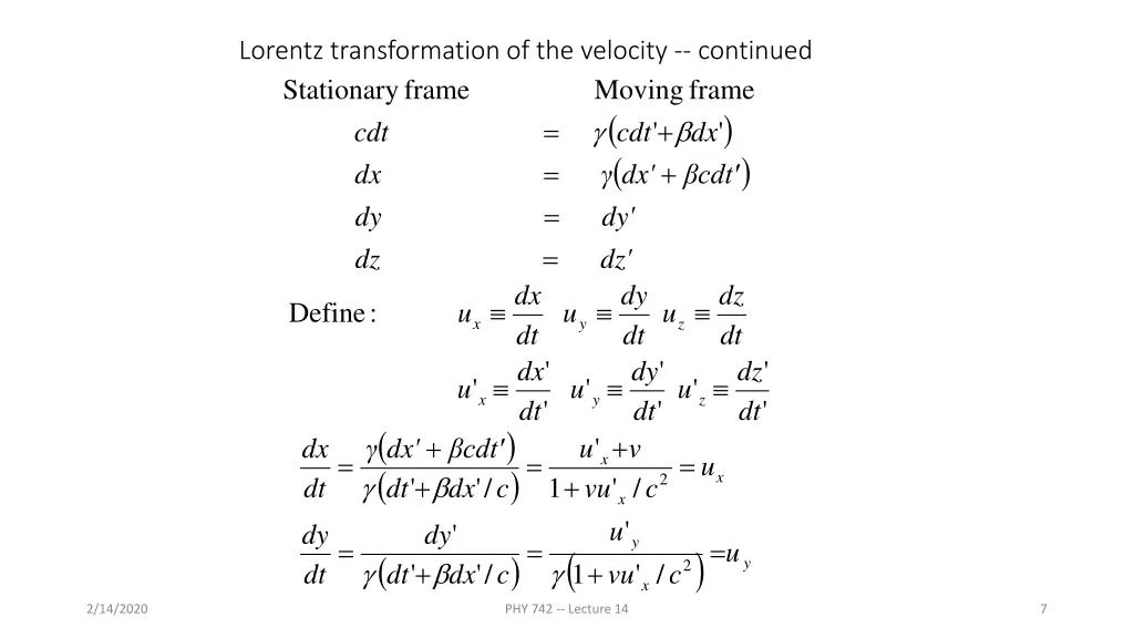 lorentz transformation of the velocity continued