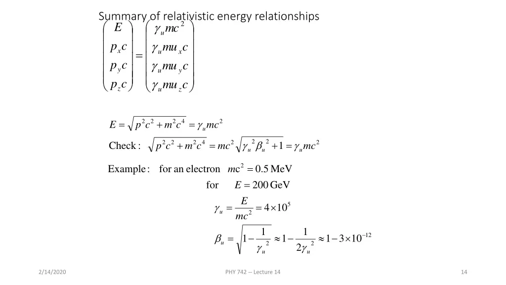 summary of relativistic energy relationships