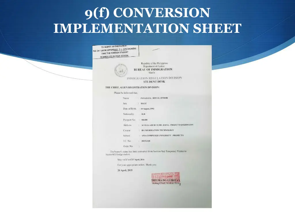 9 f conversion implementation sheet