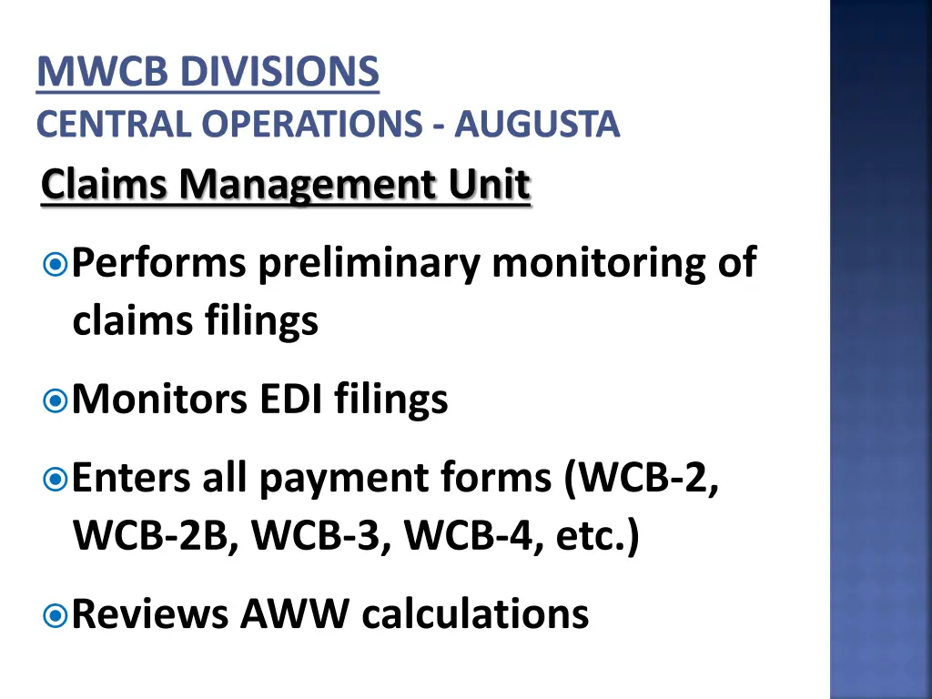 mwcb divisions central operations augusta claims