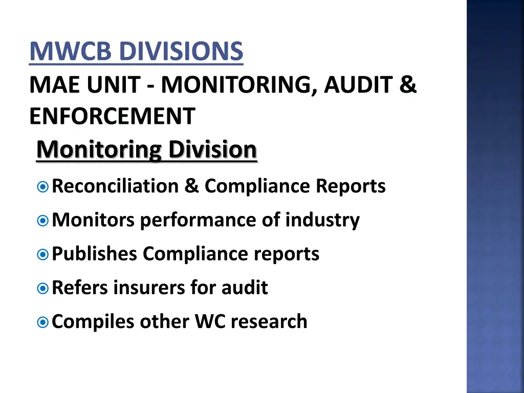 mwcb divisions mae unit monitoring audit