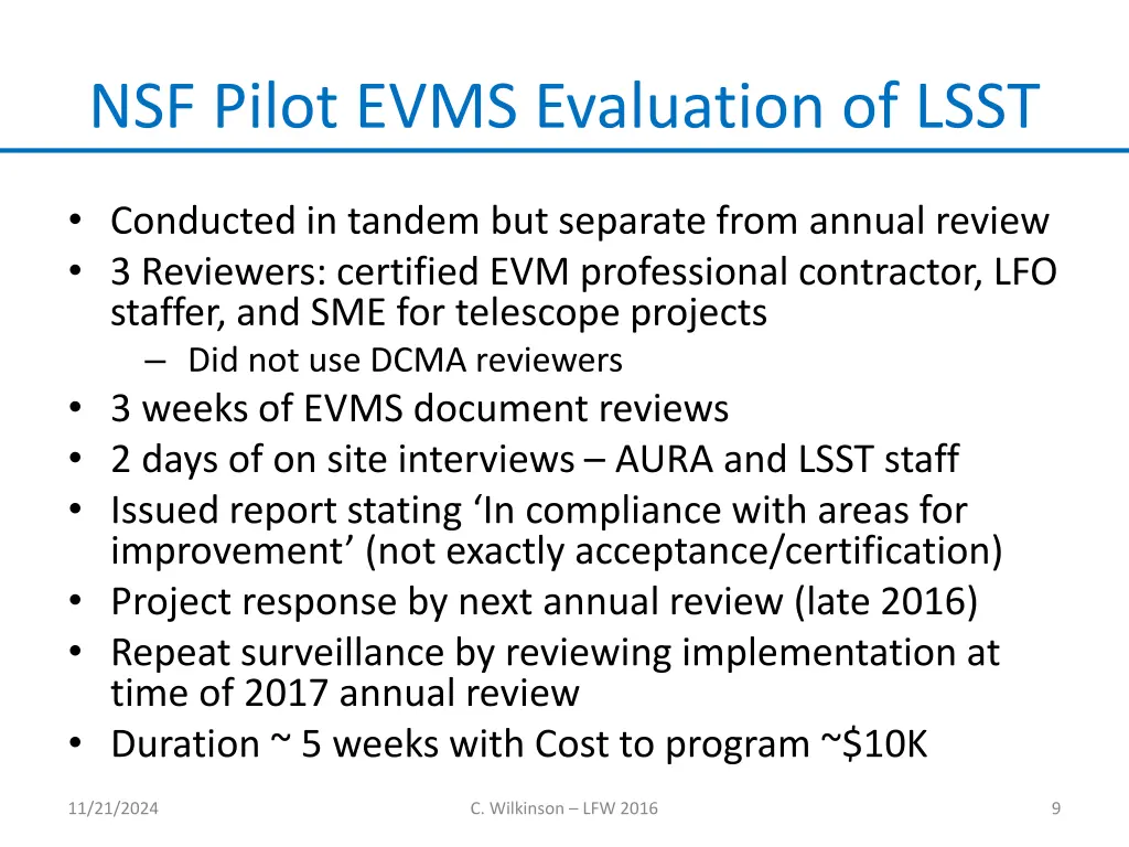 nsf pilot evms evaluation of lsst